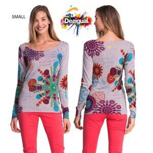 Desigual Knit Gray Cotton Multicolor Pullover Sweater Top